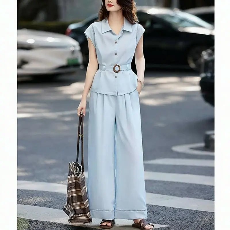 Two-Piece Set Light Blue Collar Top with Belted Waist