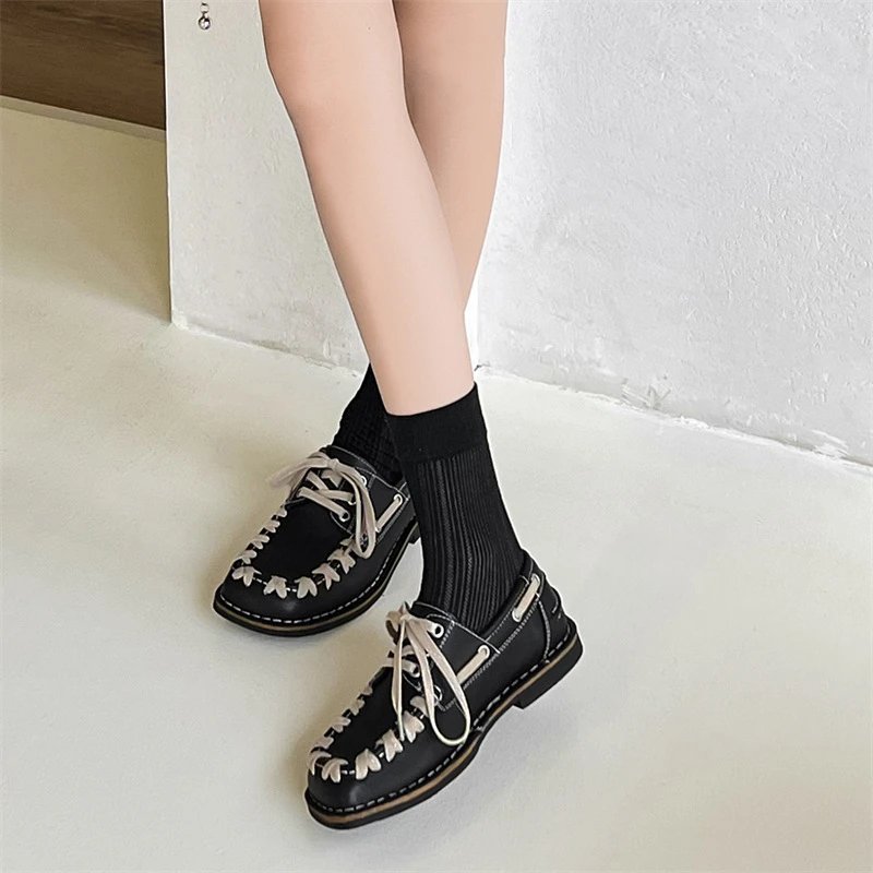 Black Leather Boat Shoes with White X-Stitching Casual Loafers