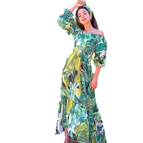 Design Tropical Leaf Print Off-Shoulder Maxi Dress - 21