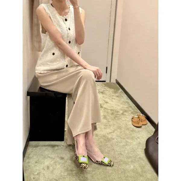 Design Leopard Print Slingback Block Heel with Lime Green Buckle Shoes - 11