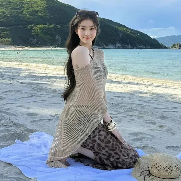Design Olive Knit Poncho Top with Leopard Print Skirt Set Sets - 6