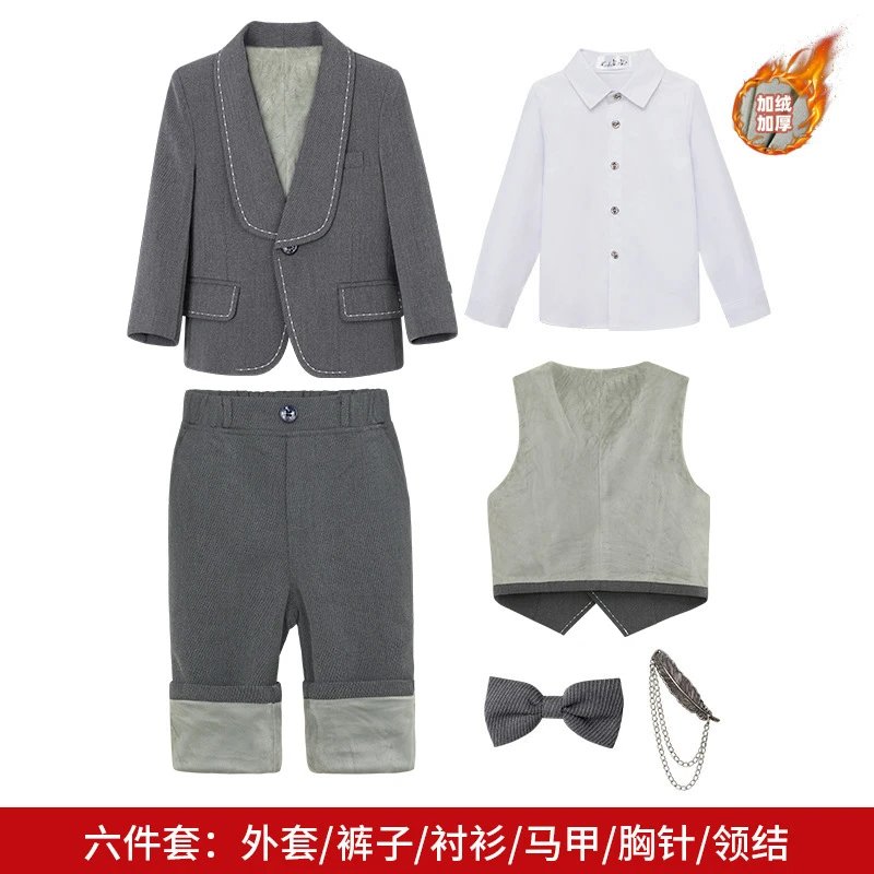 灰色加绒6件套（衬衫+外套+马甲+长裤+领结+胸针）