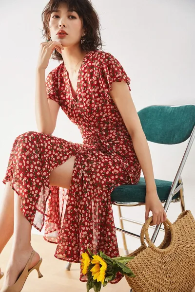Design Red Floral Wrap Maxi Dress with Ruffle Sleeves Dress - 24