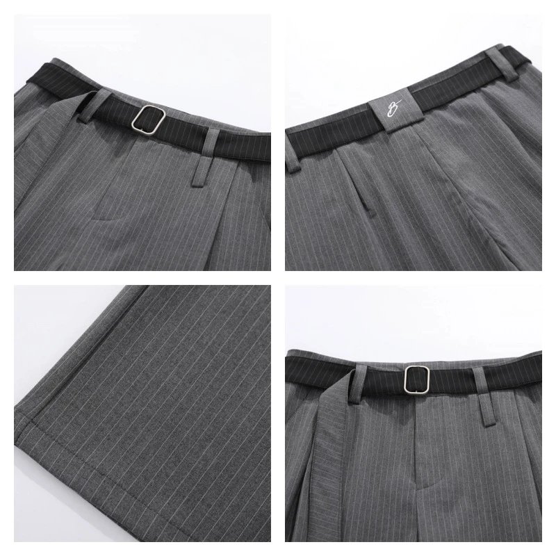 Design Cropped T-Shirt Beige + Pleated Wide-Leg Pants Gray with Belt - 7