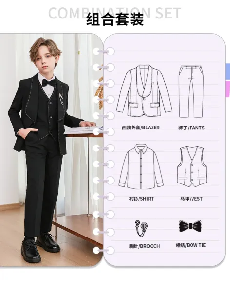 Design Formal Six-Piece Suit Set Black Burgundy Kids - 8