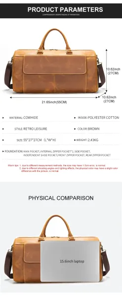 Design Vintage Leather Duffle Bag Tan Travel Bag - 4