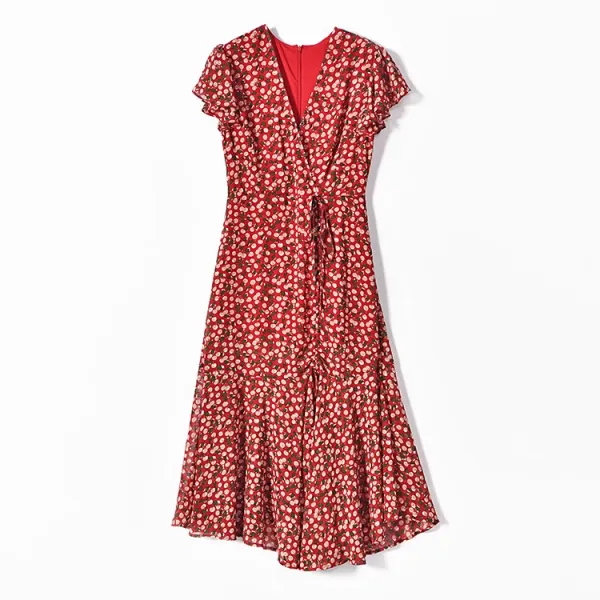 Design Red Floral Wrap Maxi Dress with Ruffle Sleeves Dress - 32