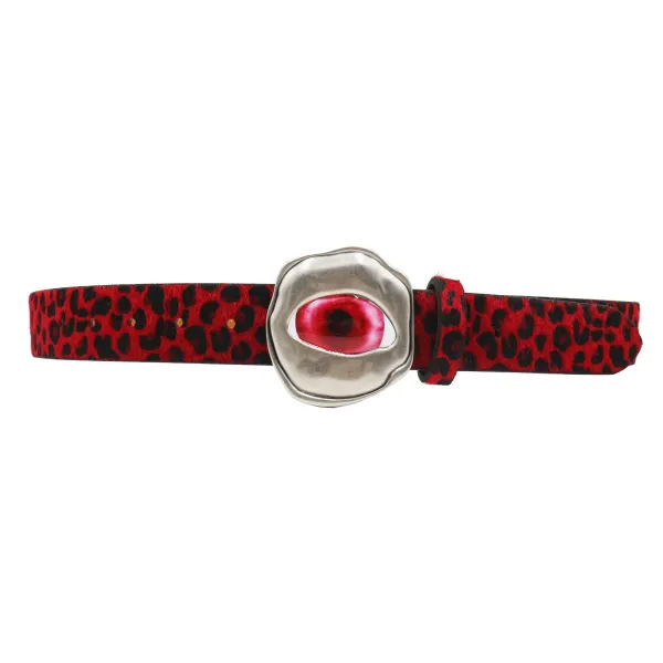 Design Leopard Print Suede Belt with Eye Buckle Accessory - 21
