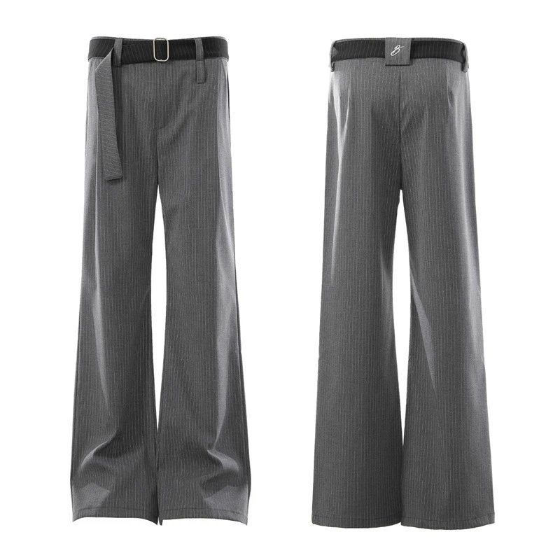 Design Cropped T-Shirt Beige + Pleated Wide-Leg Pants Gray with Belt - 6