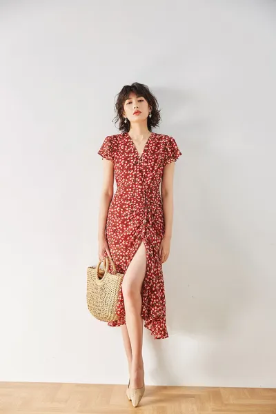 Design Red Floral Wrap Maxi Dress with Ruffle Sleeves Dress - 12