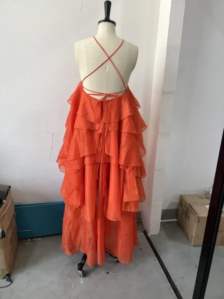 Design Ruffled Halter Neck Tiered Dress in Coral Pink Dress - 7