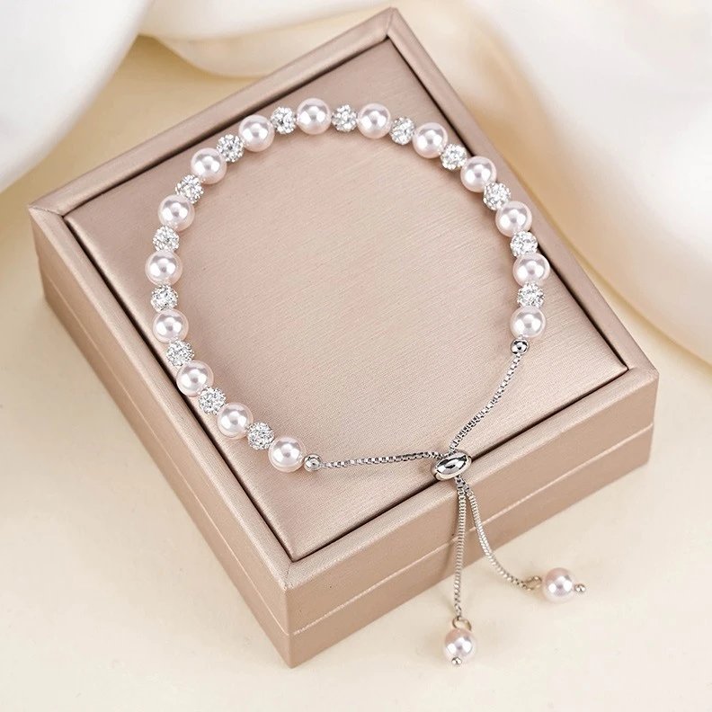 Pearl Crystal Beaded Pink Adjustable Bracelet