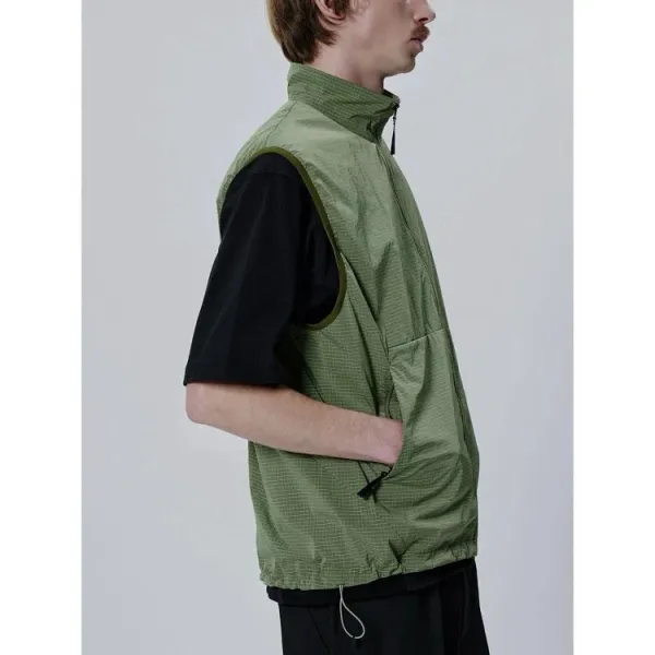 Design Grid-Textured Zip-Up Vest Olive Green Vest Outerwear.vest - 17