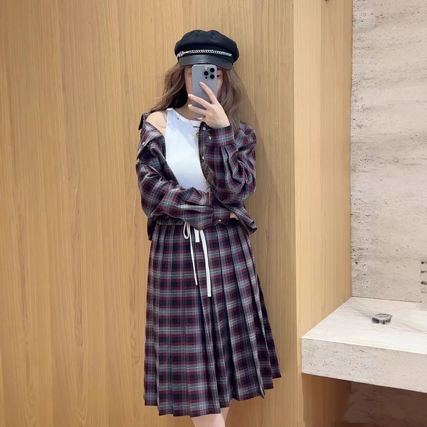 Plaid Shirt And Pleated Skirt Set Burgundy Gray Classic Preppy