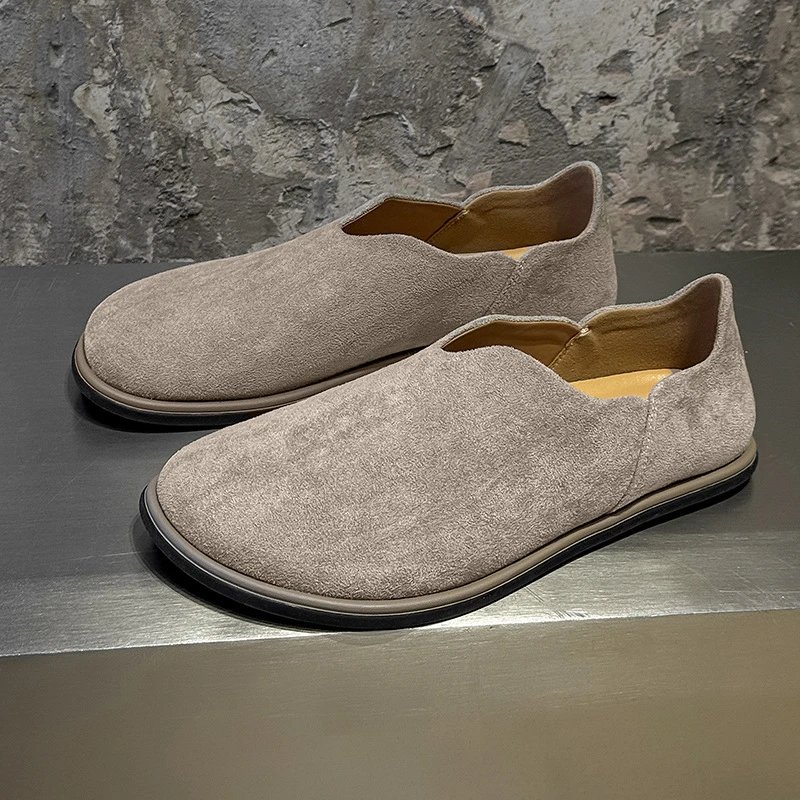 Suede Loafer Shoes Light Gray Beige Minimalist Slip-On