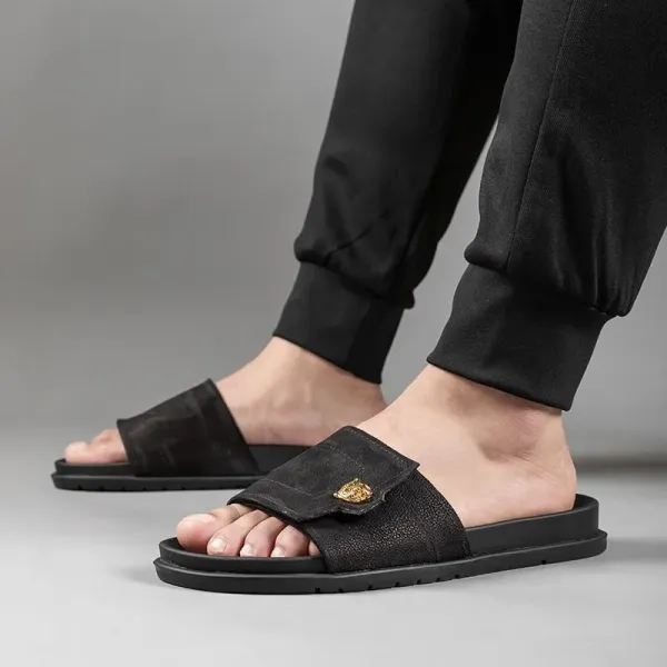 Versace Medusa Slide Black Leather Slippers - 8