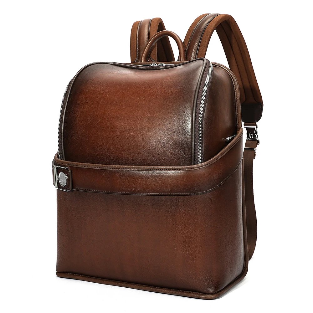 Design Classic Leather Brown Dual-Compartment Backpack