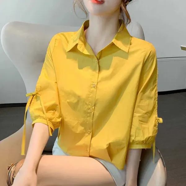 Design Bow-Sleeve Button-Up Shirt White Tops Shirt - 11