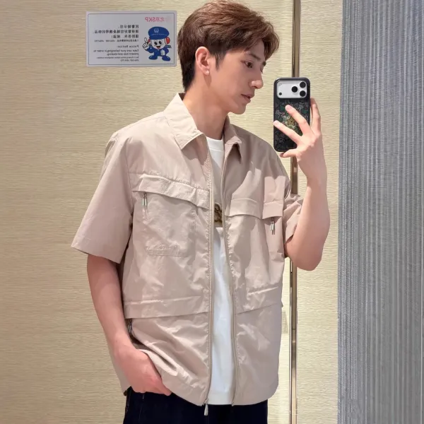 Design Utility Short-Sleeve Zip-Up Shirt Beige Tops Shirt - 4