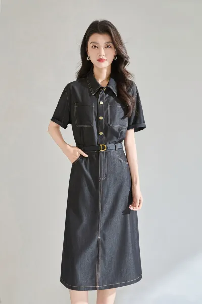 Design Denim Shirt Dress with Contrast Stitching and Belt Black Dress - 3