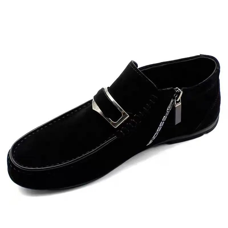 Black Suede Loafer with Metal Buckle and Side Zipper Warm Lined Slip On Shoe
