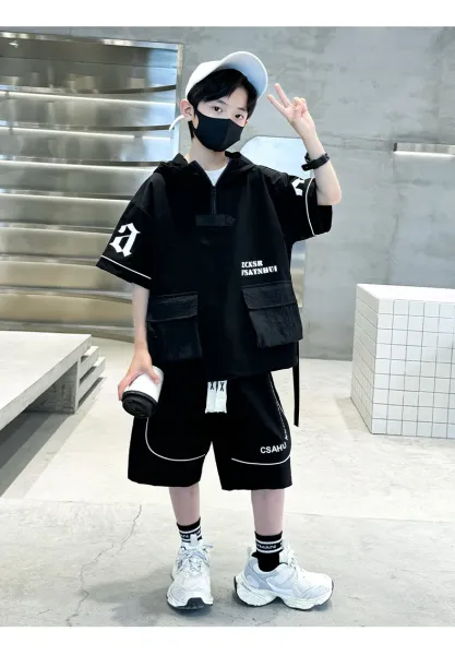 Design Short-Sleeve Hooded Jacket and Shorts Set Black Streetwear Outfit - 13