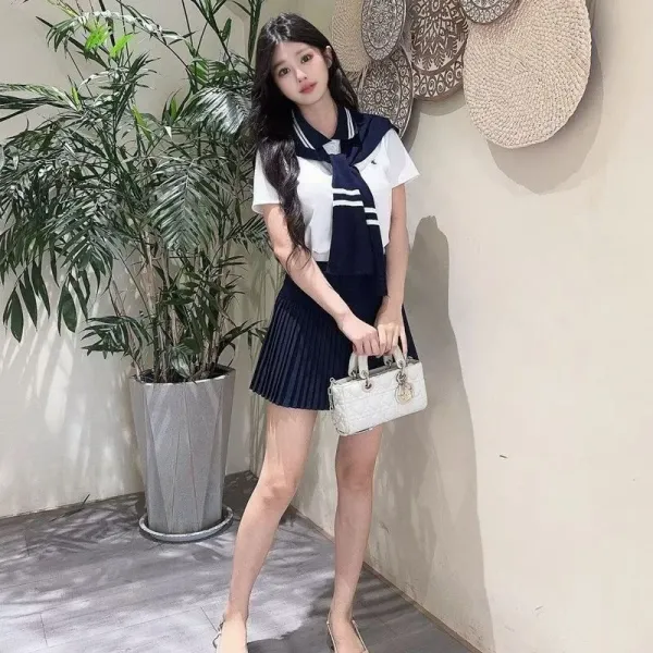 Design Sailor Collar Pleated Skirt Set Navy and White - 6