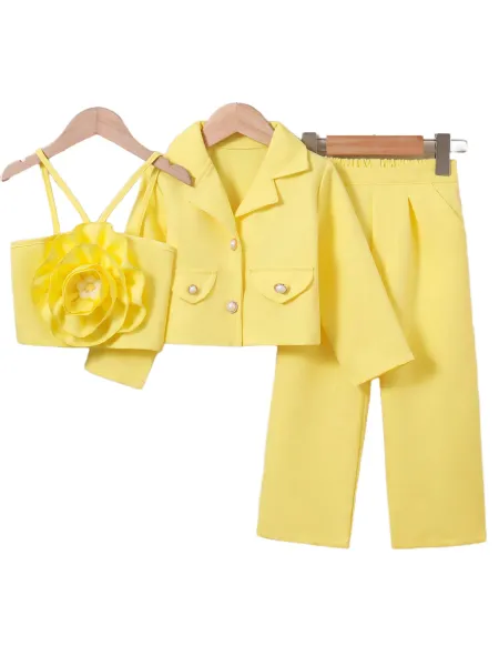 Design Yellow Floral Top & Blazer Set with Wide-Leg Pants - 10