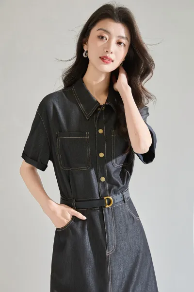 Design Denim Shirt Dress with Contrast Stitching and Belt Black Dress - 5