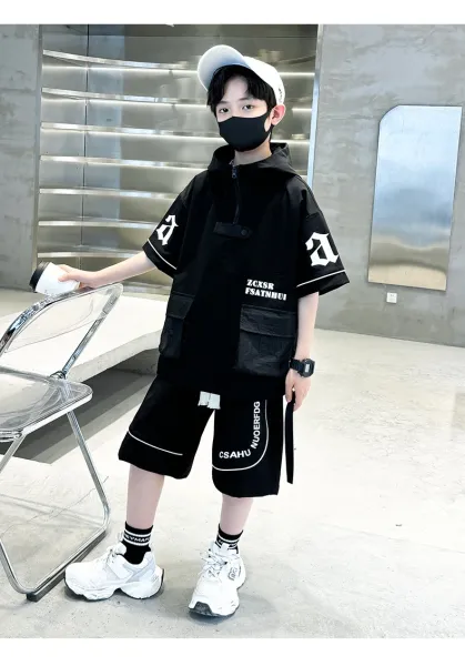 Design Short-Sleeve Hooded Jacket and Shorts Set Black Streetwear Outfit - 19