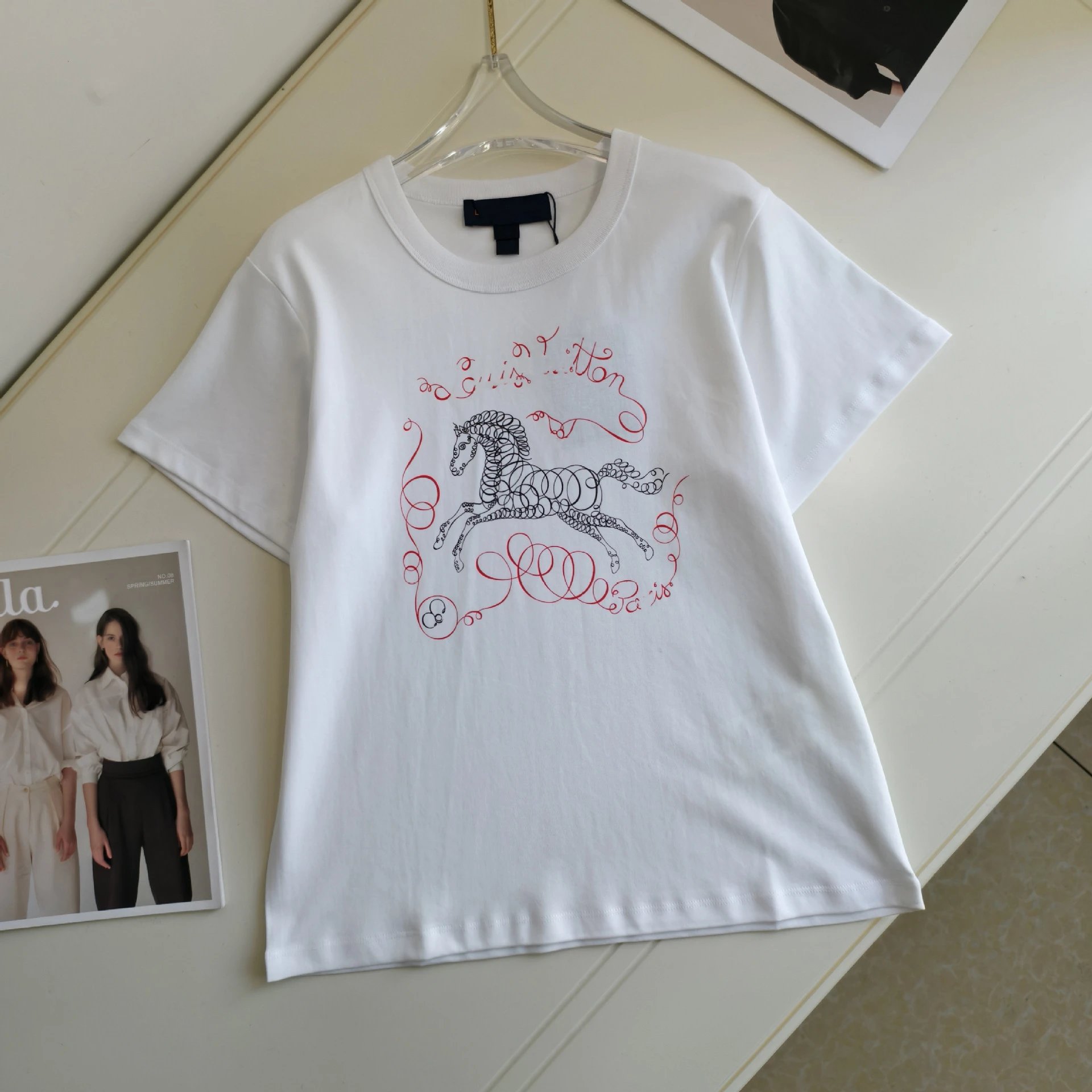 White Cotton T-Shirt with Black Horse and Red Script Graphic Casual Tee