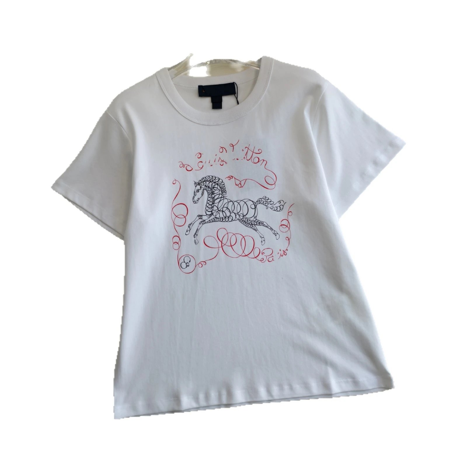 White Cotton T-Shirt with Black Horse and Red Script Graphic Casual Tee