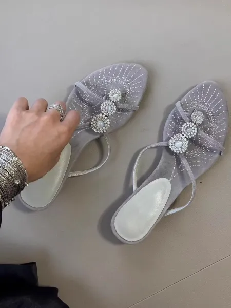 Design Embellished Suede Thong Sandals in Dusty Gray - 15