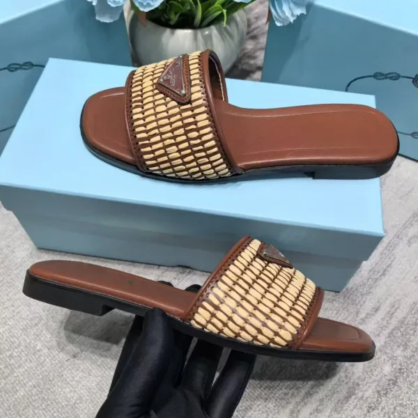 Prada Woven Slide Sandals Brown Beige Slippers - 1