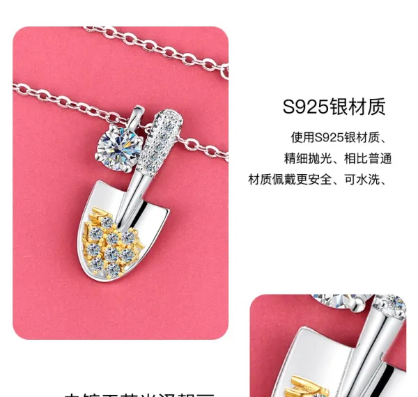 Design Silver 925 Cubic Zirconia Shovel Pendant Necklace Jewelry - 15