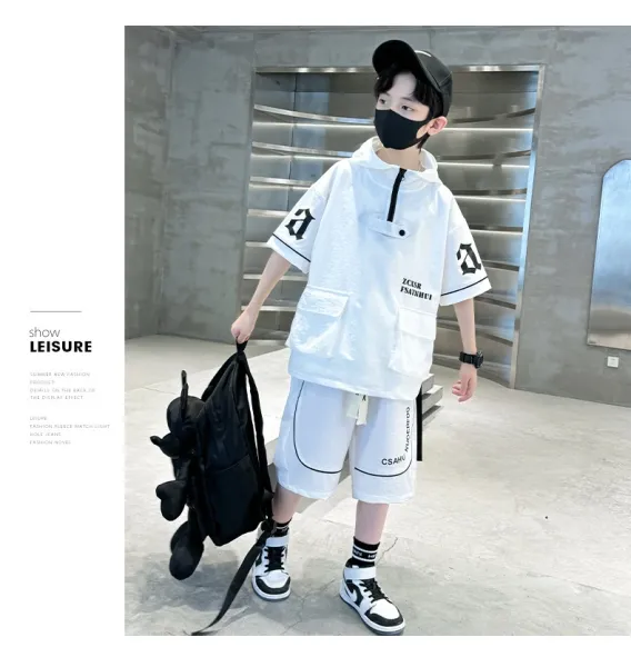 Design Short-Sleeve Hooded Jacket and Shorts Set Black Streetwear Outfit - 30