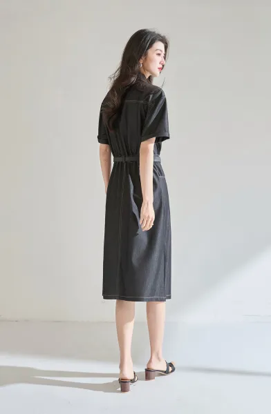 Design Denim Shirt Dress with Contrast Stitching and Belt Black Dress - 7