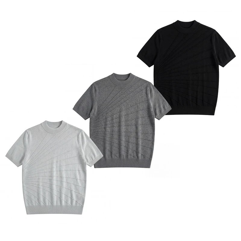 Design Short-Sleeve Knit Sweater in Light Gray with Diagonal Ribbed Texture - 5