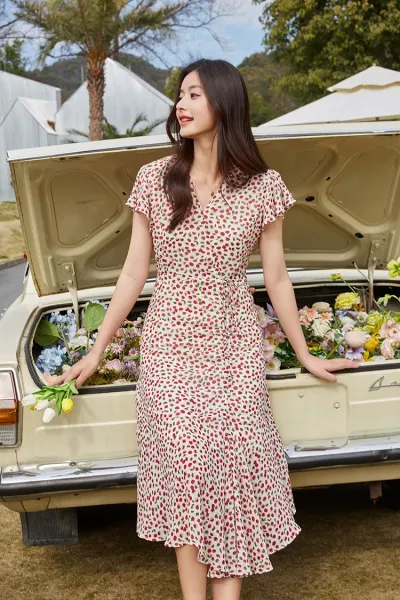 Design Red Floral Wrap Maxi Dress with Ruffle Sleeves Dress - 28