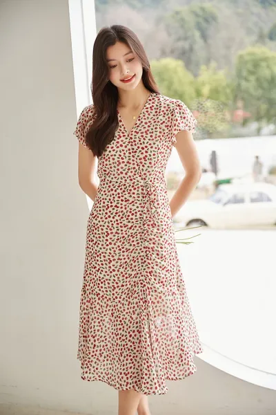 Design Red Floral Wrap Maxi Dress with Ruffle Sleeves Dress - 30