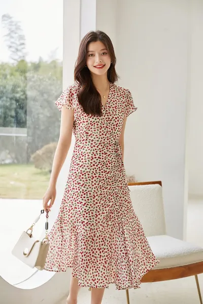 Design Red Floral Wrap Maxi Dress with Ruffle Sleeves Dress - 31