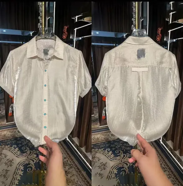 Design Short-Sleeve Linen-Blend Shirt Beige Tops.shirt - 2