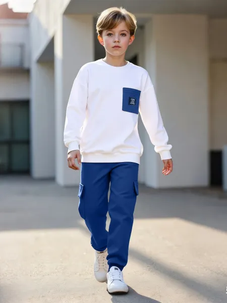 Design Oversized Pocket Sweatshirt and Cargo Pants Set in White and Army Green Casual Set - 15
