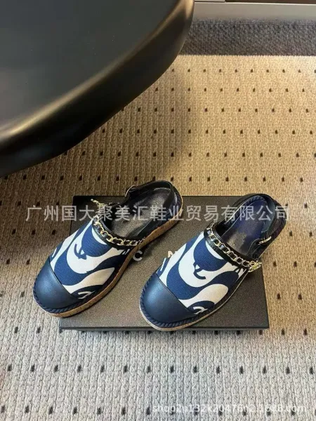 Chanel Mary Jane Espadrilles Navy and White Print Canvas Shoes Casual Shoes - 15