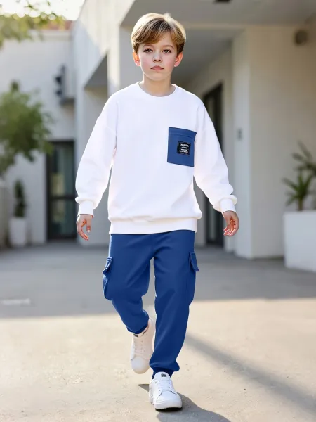 Design Oversized Pocket Sweatshirt and Cargo Pants Set in White and Army Green Casual Set - 17