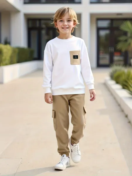 Design Oversized Pocket Sweatshirt and Cargo Pants Set in White and Army Green Casual Set - 20