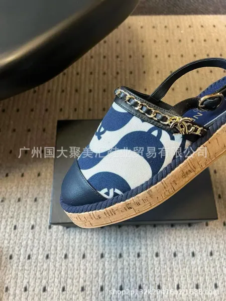Chanel Mary Jane Espadrilles Navy and White Print Canvas Shoes Casual Shoes - 21