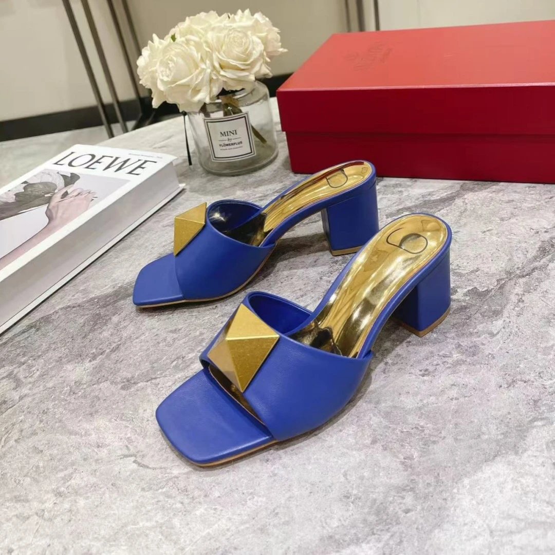 Design Pyramid-Embellished Block Heel Mules Blue Sandals - 9