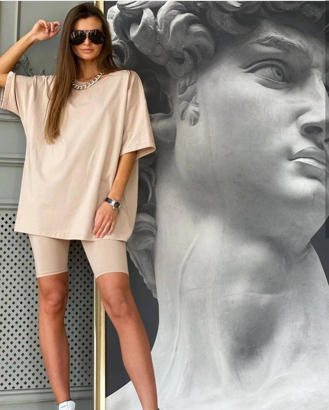 Essentials Oversized T-Shirt and Biker Shorts Set Sage Green Activewear - 11