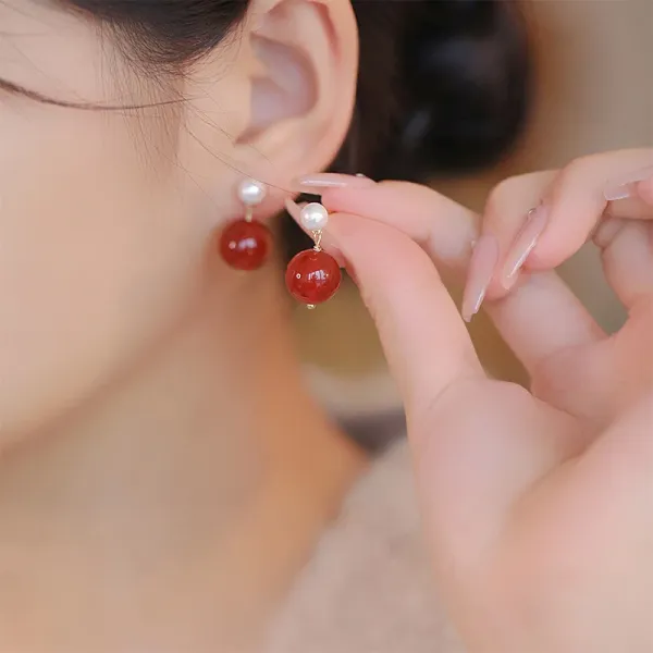 Design Pearl and Red Agate Drop Earrings - 2